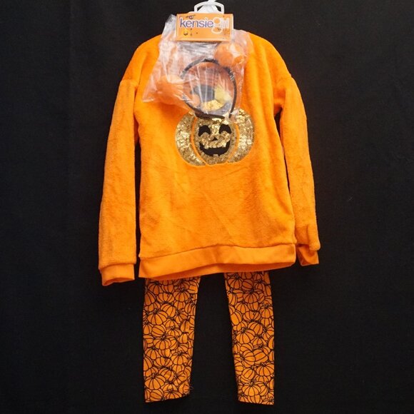 Kensie Girl 3 Piece Set Plush Pumpkin Top w/ Bottoms PomPom Headband Girl’s 7 - Picture 1 of 8